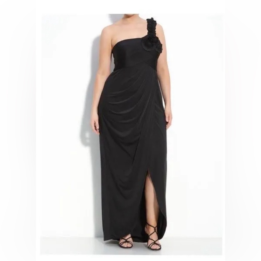 Adrianna Papell Party Black Dress One Shoulder Jersey With Rosette Sz 6p